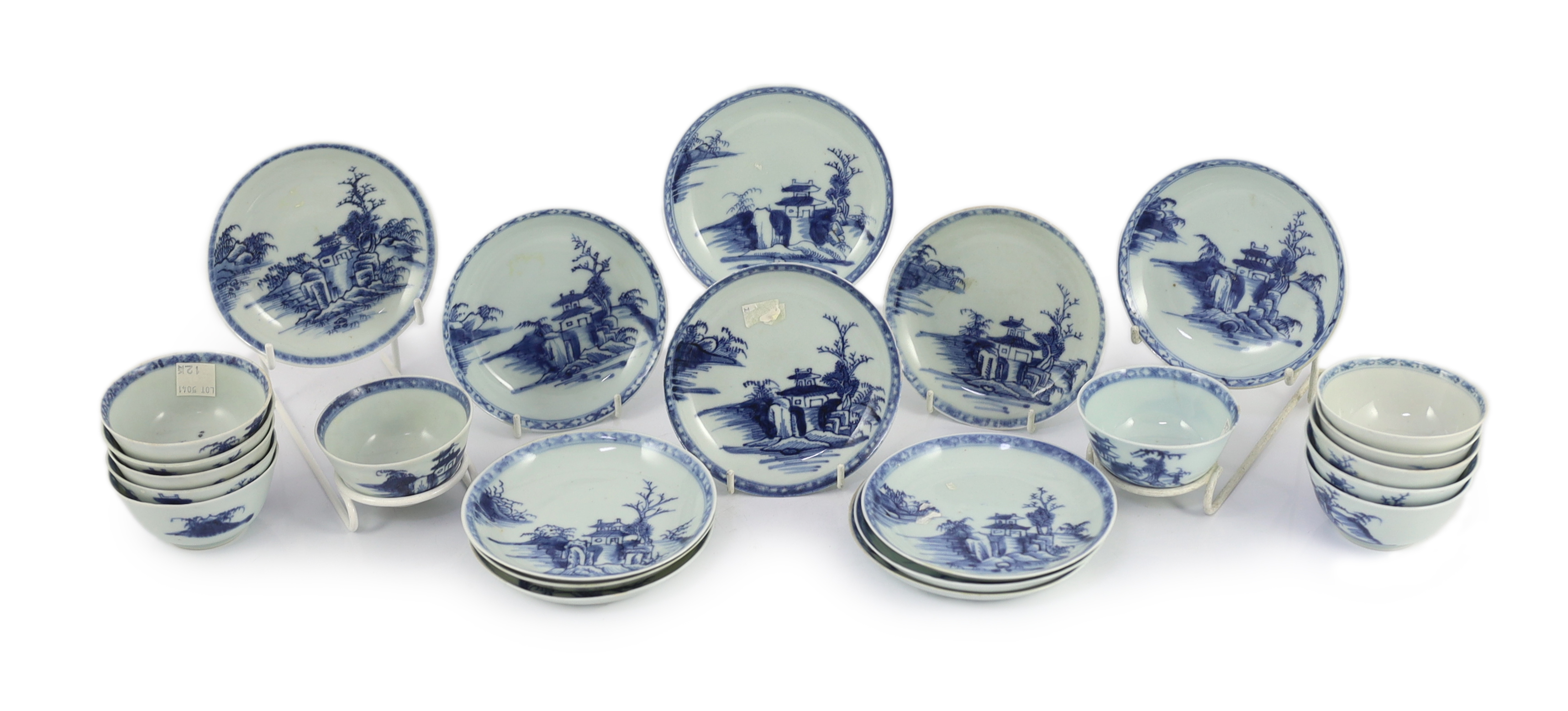 Twelve Chinese blue and white ‘Pagoda Riverscape’ tea bowls and saucers, Nanking Cargo, c.1750